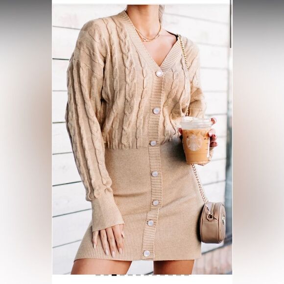 Le Lis Give Me the Tea button front sweater dress pearl medium m tan - Picture 3 of 10